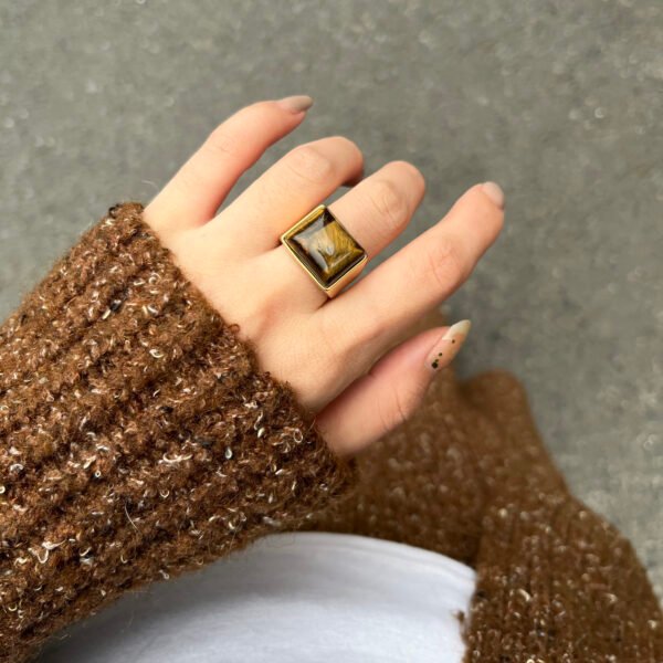 Vintage Stainless Steel Cast Tiger Eye Geometric Ring - Image 2