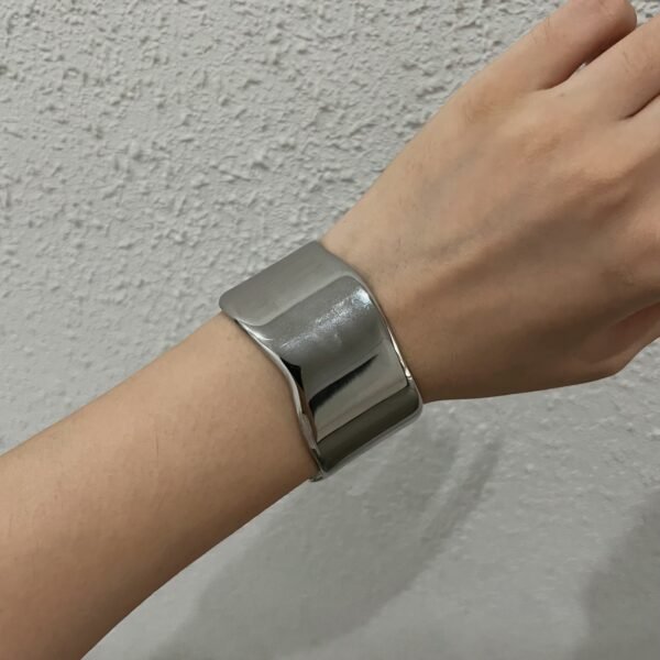 Minimalist Glossy Silver Tone Stainless Steel Open Bracelet - Image 4